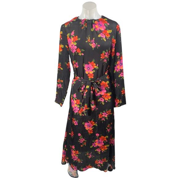 Asos Black Pink Floral Long Sleeve Cutout Back Tie Waist A Line Midi Dress Sz 6 - Picture 1 of 5